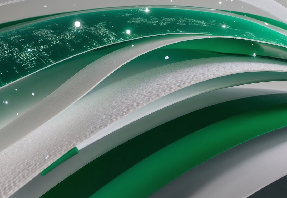 An abrast image of green and white strips of material overlaaid with Computer Code depicting a 'data fabric'
