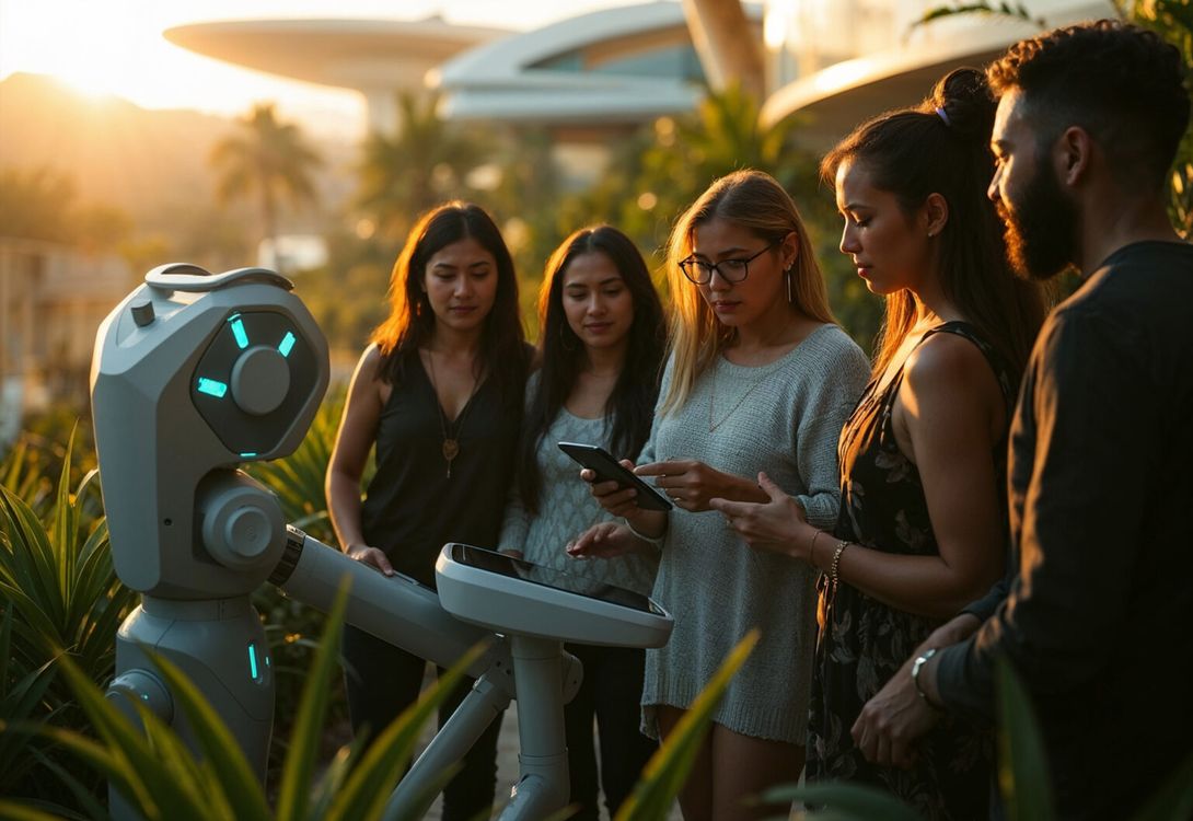 A group of people are interacting with a robot in a lush green environment with futuristic buildings in the background