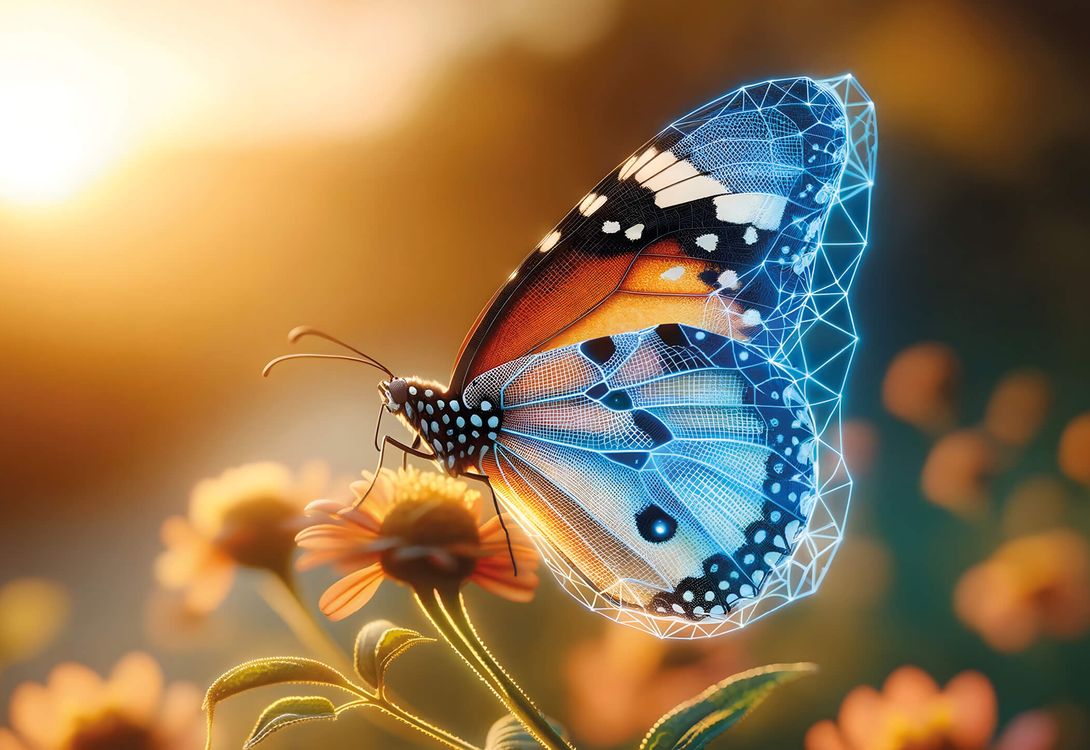 A photo of a butterfly on a flower overlaid with a wireframe graphic, mirroring the shape of its wings